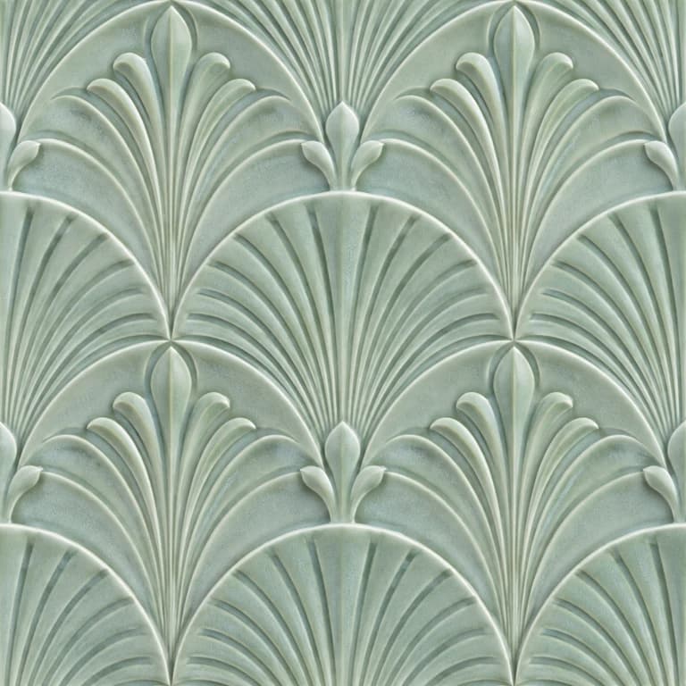 Original tile concept with overlapping fluted Art Deco fan arches in pale celadon ceramic relief.