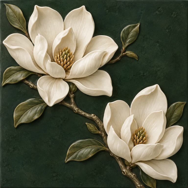 Original tile concept with two ivory magnolia blossoms and olive leaves in relief on deep forest-green ceramic.