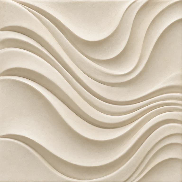 Original tile concept with sweeping sculptural waves and flowing ribs in warm ivory ceramic.
