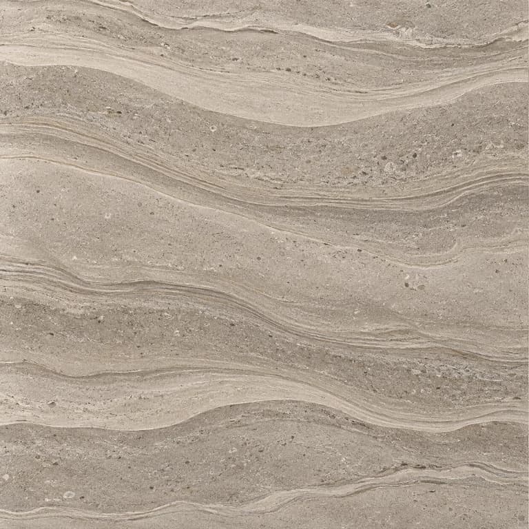 Original tile concept with softly undulating horizontal mineral strata in warm grey and taupe ceramic.